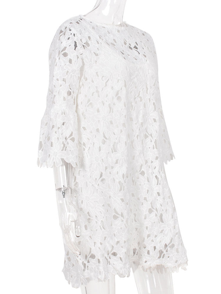 Lace Dresses White Jewel Neck 3/4 Length Sleeves Lace   Casual Midi Dresses