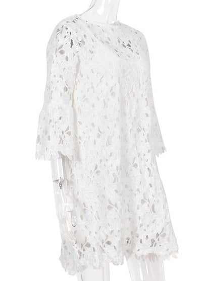 Lace Dresses White Jewel Neck 3/4 Length Sleeves Lace   Casual Midi Dresses