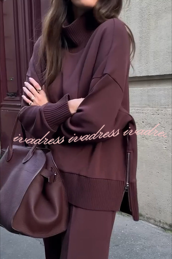 Double Soft Turtleneck Side Zipper Sweatshirt and Elastic Waist Pocketed Loose Pants Set