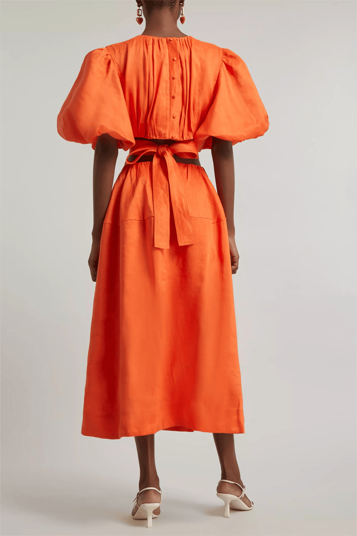 Solid Puff Sleeve Cut-Out Midi Dress