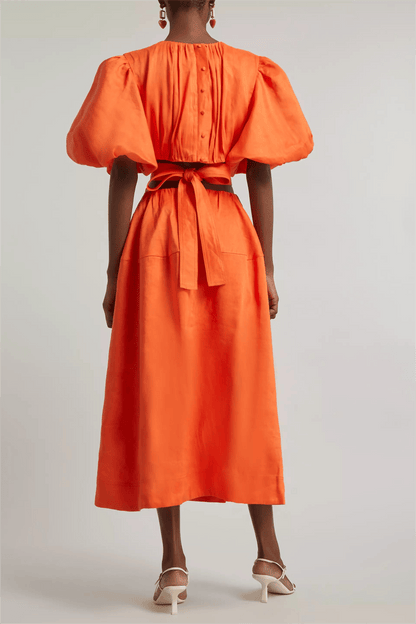 Solid Puff Sleeve Cut-Out Midi Dress