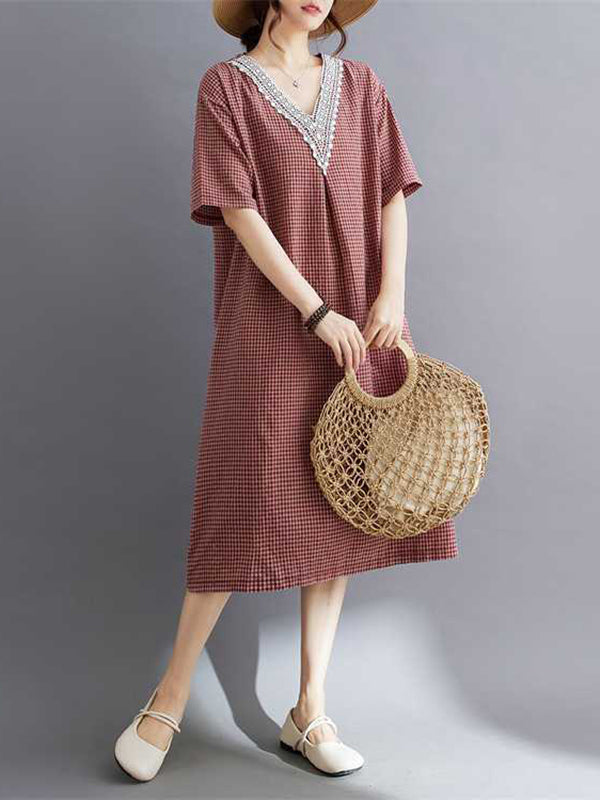 A-Line Half Sleeves Plaid Pleated Split-Joint V-Neck Midi Dresses