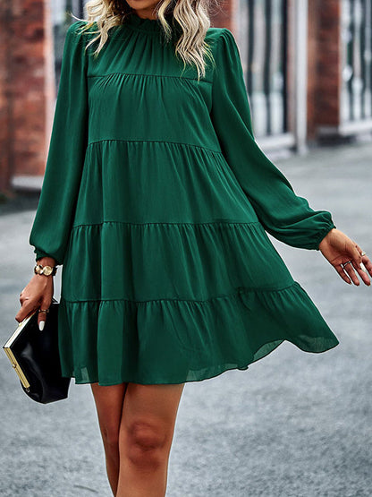 A-Line Bishop Sleeve Elasticity Pleated Solid Color Split-Joint Tied Mock Neck Mini Dresses