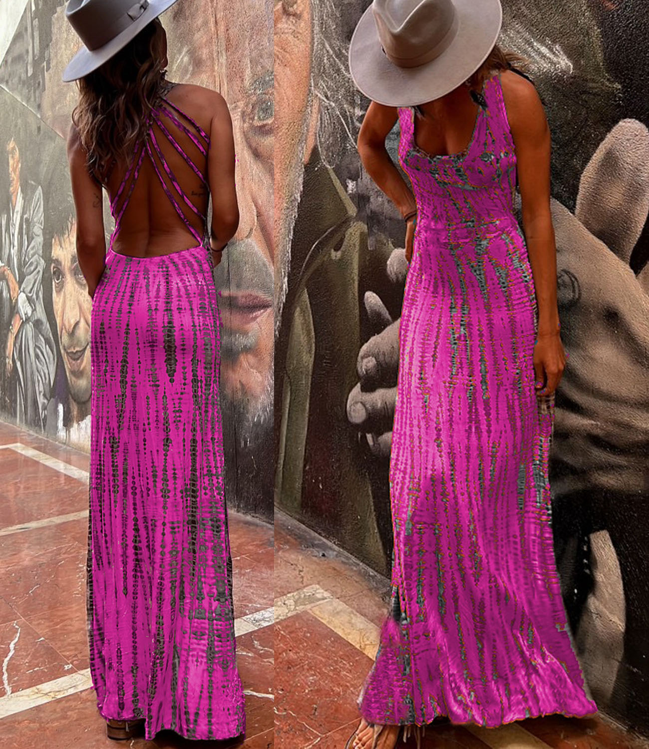 Criss Cross Open Back Tie Dye Maxi Dress(6 Colors Available)