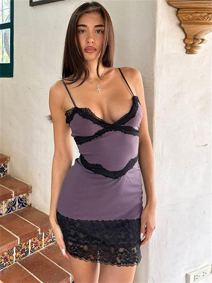Tossy Lace Backless Patchwork Mini Dress For Women Slim Hollow Out V-Neck Fashion Sexy Spaghetti Dress Contrast Halter Dresses