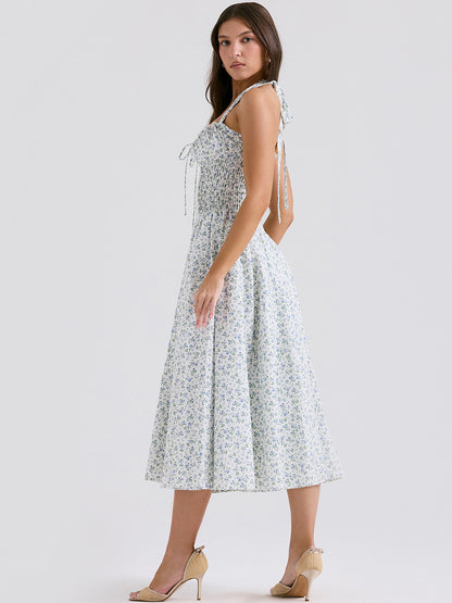 Corset Dress Floral Halter Lace Up Front Pleated Eyelet Trim Party Midi Dresses