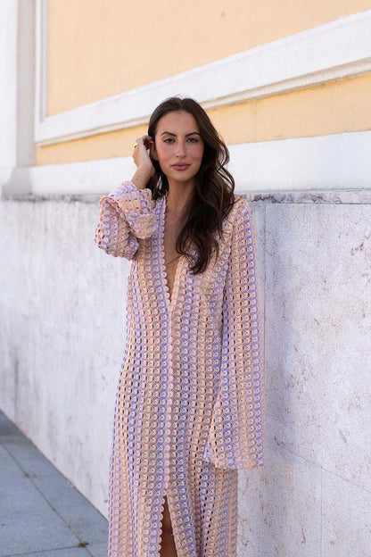Scallop Circle Print Deep V-Neck Long Sleeve Front Slit Maxi Dress