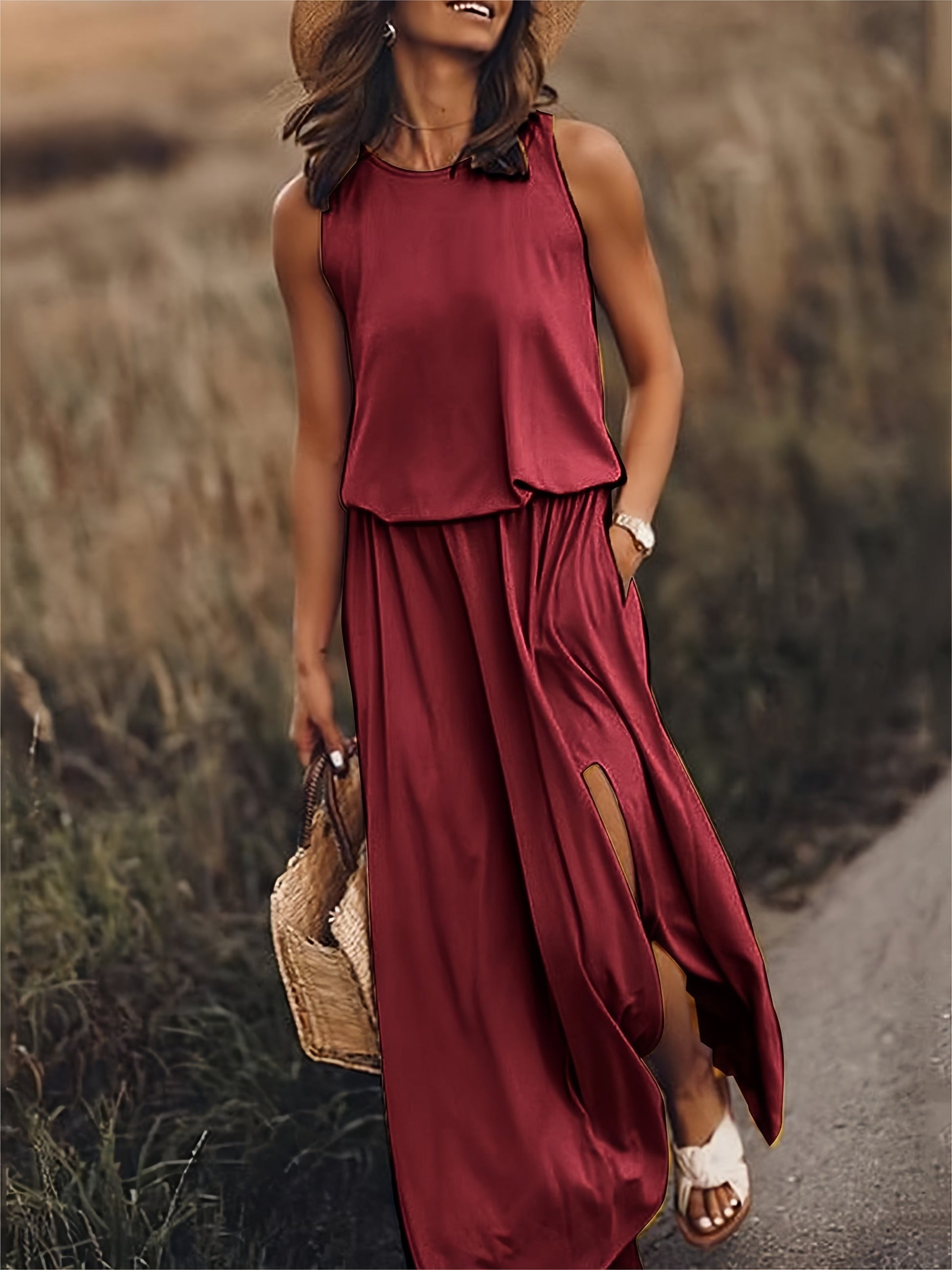 Sleeveless Crew Neck Tiered High Split Side Pocket Maxi Dress