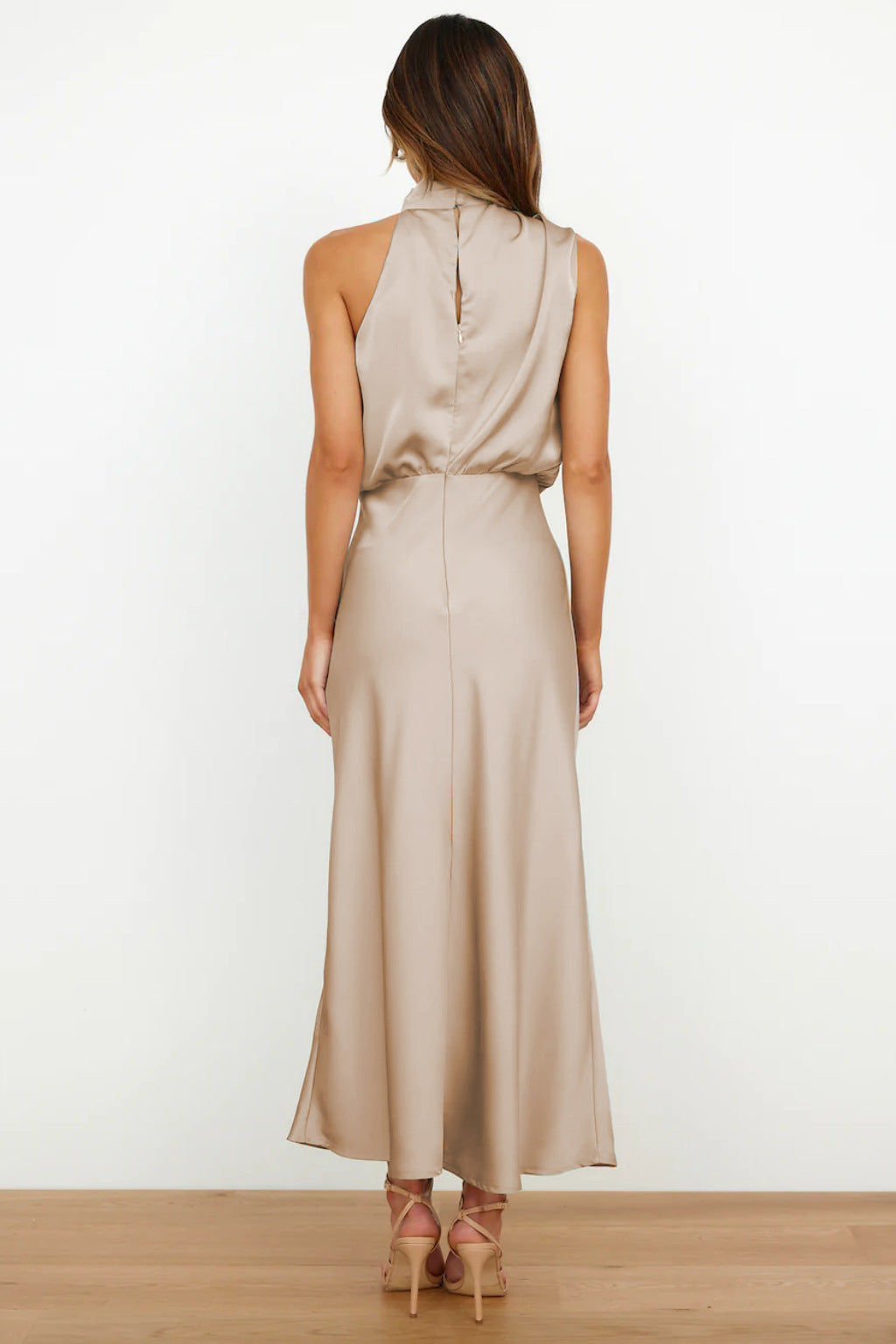 Satin High Neck Keyhole Back Sleeveless Bias-Cut A-Line Maxi Dress