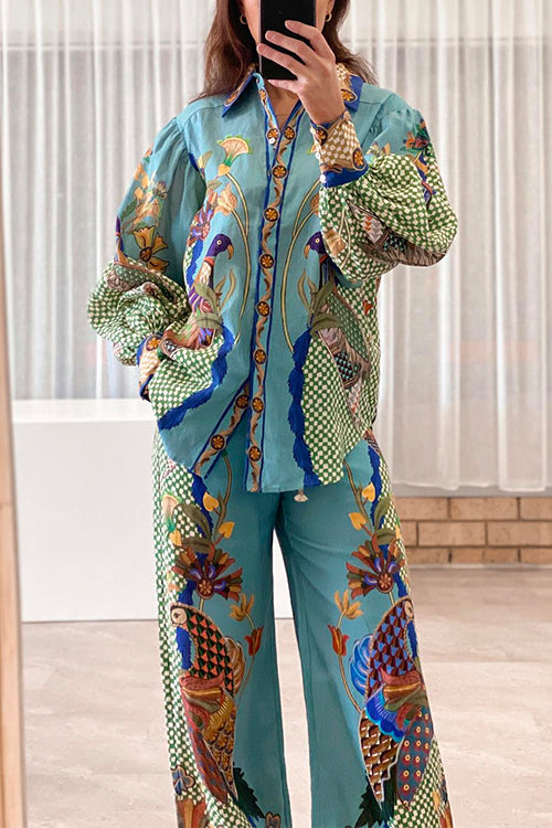 Margovil Birds Printed Puff Long Sleeves Blouse Shirt Wide Leg Pants Vacation Set