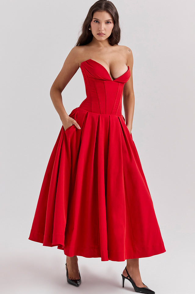 Strapless Deep Plunge Corset Boned Pleated A-Line Midi Dress