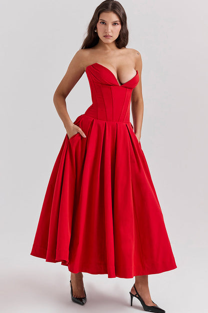 Strapless Deep Plunge Corset Boned Pleated A-Line Midi Dress