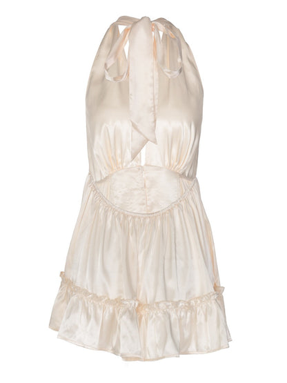 Deep V-neck Backless Fitted Satin Halter Neck Short Dress
