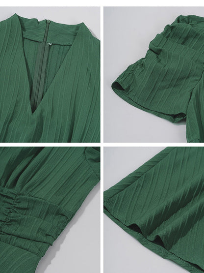 Pleated Waist Short Sleeve Maxi Dresses