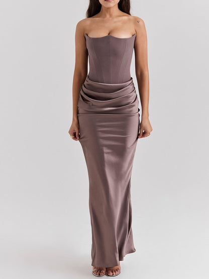 Satin Belted Strapless Off-the-shoulder Fishbone Pleated Long Bodycon Dress