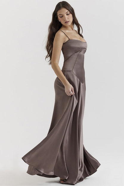 Satin Corset Bustier Spaghetti Strap Basque Waist A-Line Maxi Gown