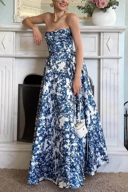 Margovil Strapless Back Lace-up Print Maxi Party Dress