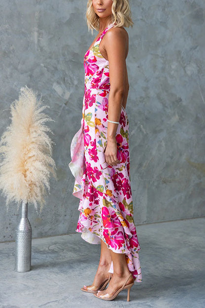 Halter Sleeveless Ruffle Hem Slit Floral Print Maxi Dress