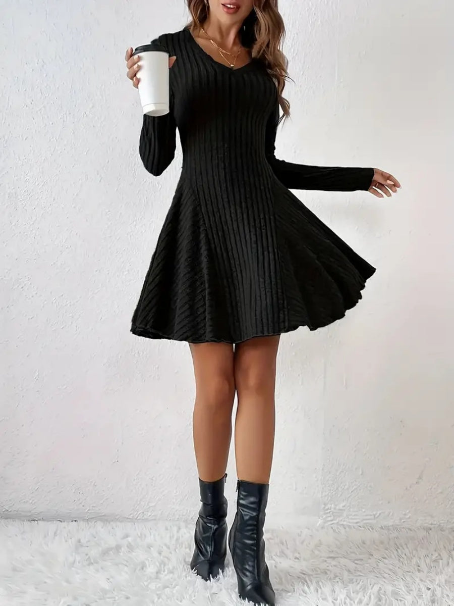 Pit Strip Knitting V-neck Long Sleeve Long Skirt Mini&Short Dresses