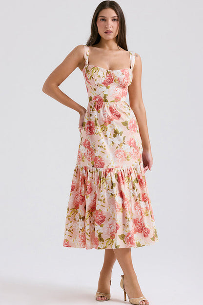 Floral Print Sweetheart Bustier Wide Strap Tiered Ruffle Hem Midi Dress