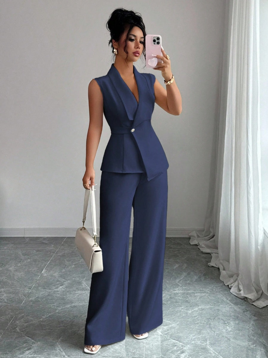 Commuting Sleeveless Suit Collar Vests Straight-leg Pants Set 2-piece Sets