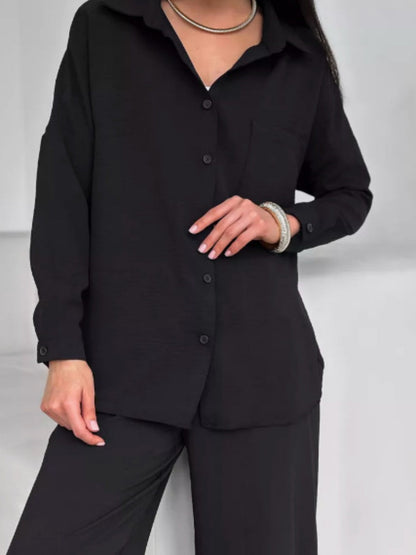 Solid Color Cardigan With Pockets, Casual Wide-leg Trousers 2-piece Sets