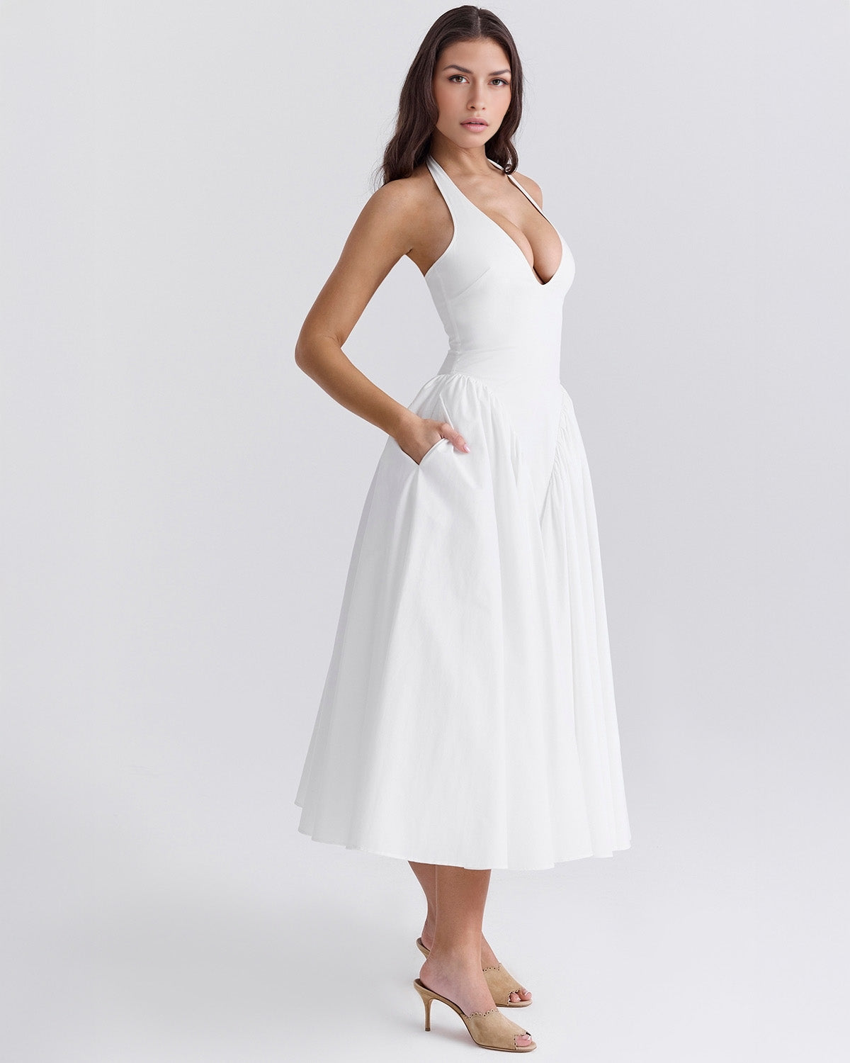Halter Neck Plunging V Neck Dropped Waist Pleated Full Skirt Midi Dress