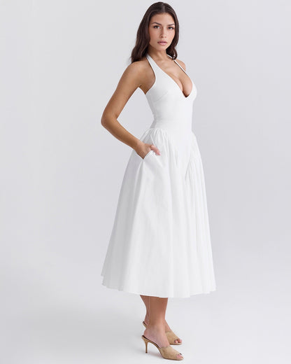 Halter Neck Plunging V Neck Dropped Waist Pleated Full Skirt Midi Dress