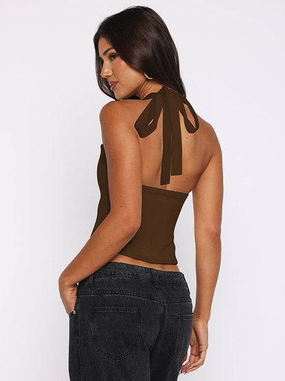Hollow-out Bralette With Underwire, Tight-fitting Solid Color Halter Neck Double-layer Vest
