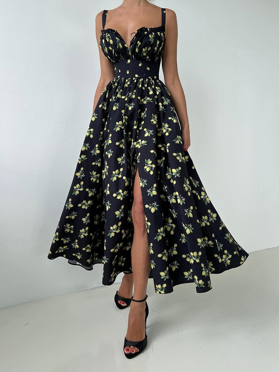 Floral Printed Camisoles High Waist Slit Maxi Dresses