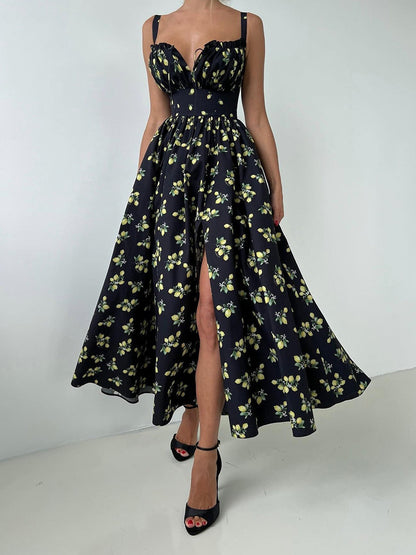 Floral Printed Camisoles High Waist Slit Maxi Dresses