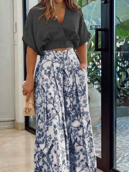 Plant-based Printing Loose Top Wide-leg Pants Set 2-piece Sets
