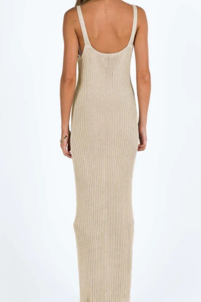 Deep V Neck Crochet Chest Panel Rib Knit Bodycon Belted Maxi Dress