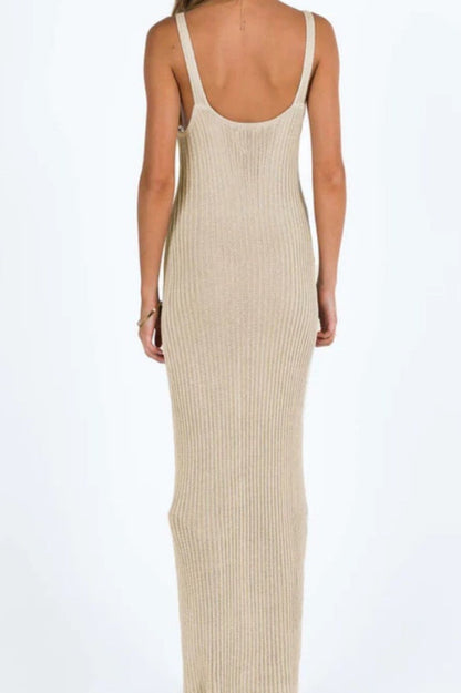 Deep V Neck Crochet Chest Panel Rib Knit Bodycon Belted Maxi Dress
