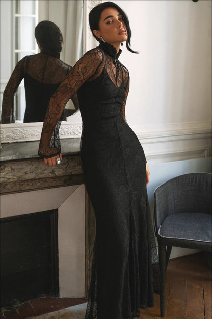 | Lace Patchwork Fitted Cutout Maxi Dress