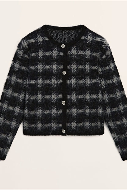 Casual Gray Plaid Knit Cardigan