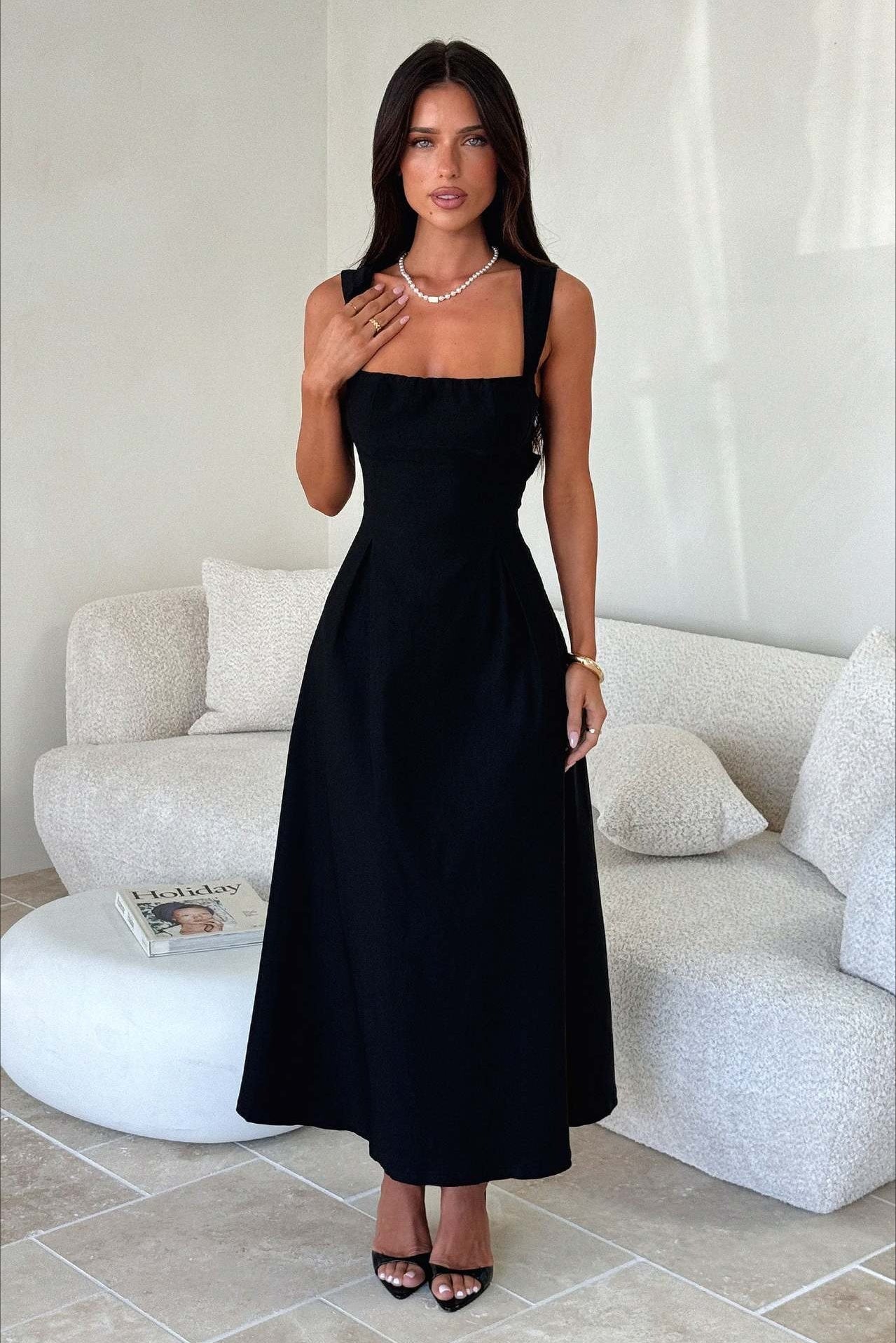Square Neck Wide Strap Princess Seam Corset Bodice Flared Midi Dress