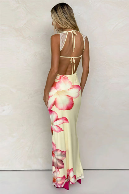 | Floral Print Off Shoulder Lace Maxi Dress