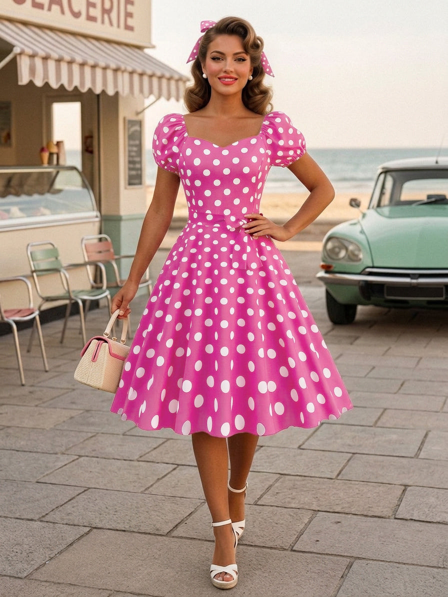 Retro Glamour Dress Sweetheart Neck Puff Sleeves Polka Dots Casual Long Dresses