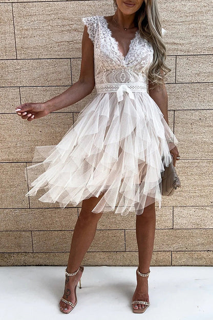 Lace V-Neck Flutter Cap Sleeve Bow Waist Tiered Tulle Ruffle Mini Dress