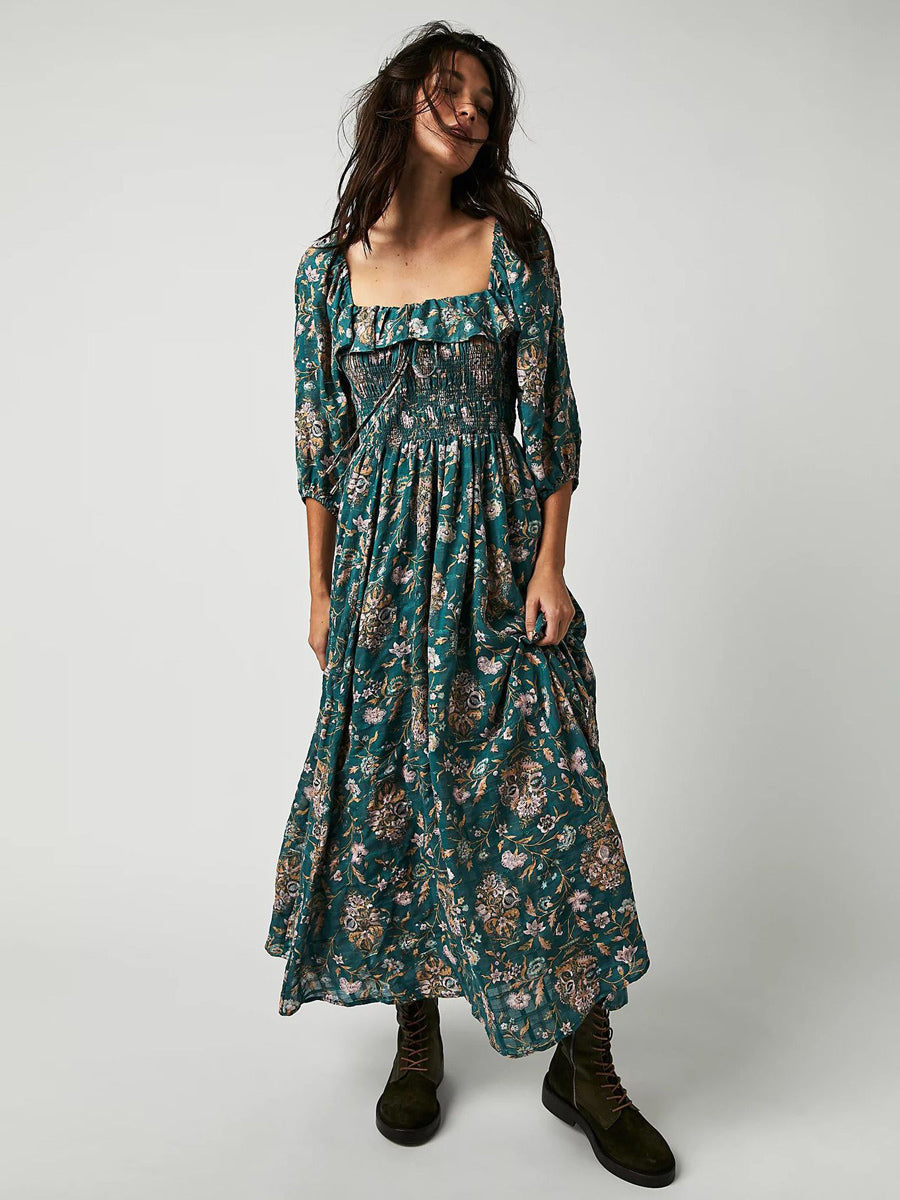 A-Line Dress Floral Ruching Sqaure Neck Three Quarters Daily Casual Midi Dresses