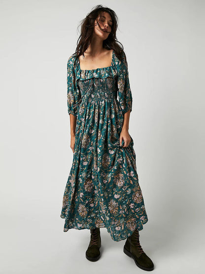 A-Line Dress Floral Ruching Sqaure Neck Three Quarters Daily Casual Midi Dresses