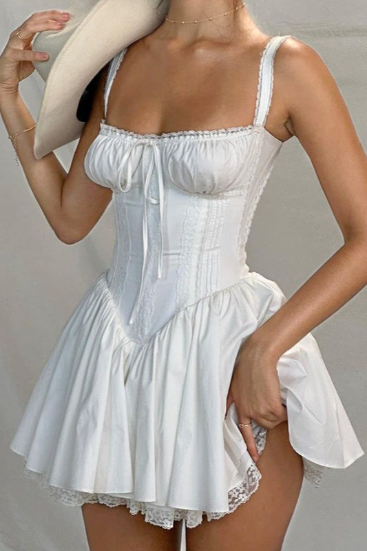 Off Shoulder Lace Trim Corset Bodice Lace Hem A-Line Mini Dress