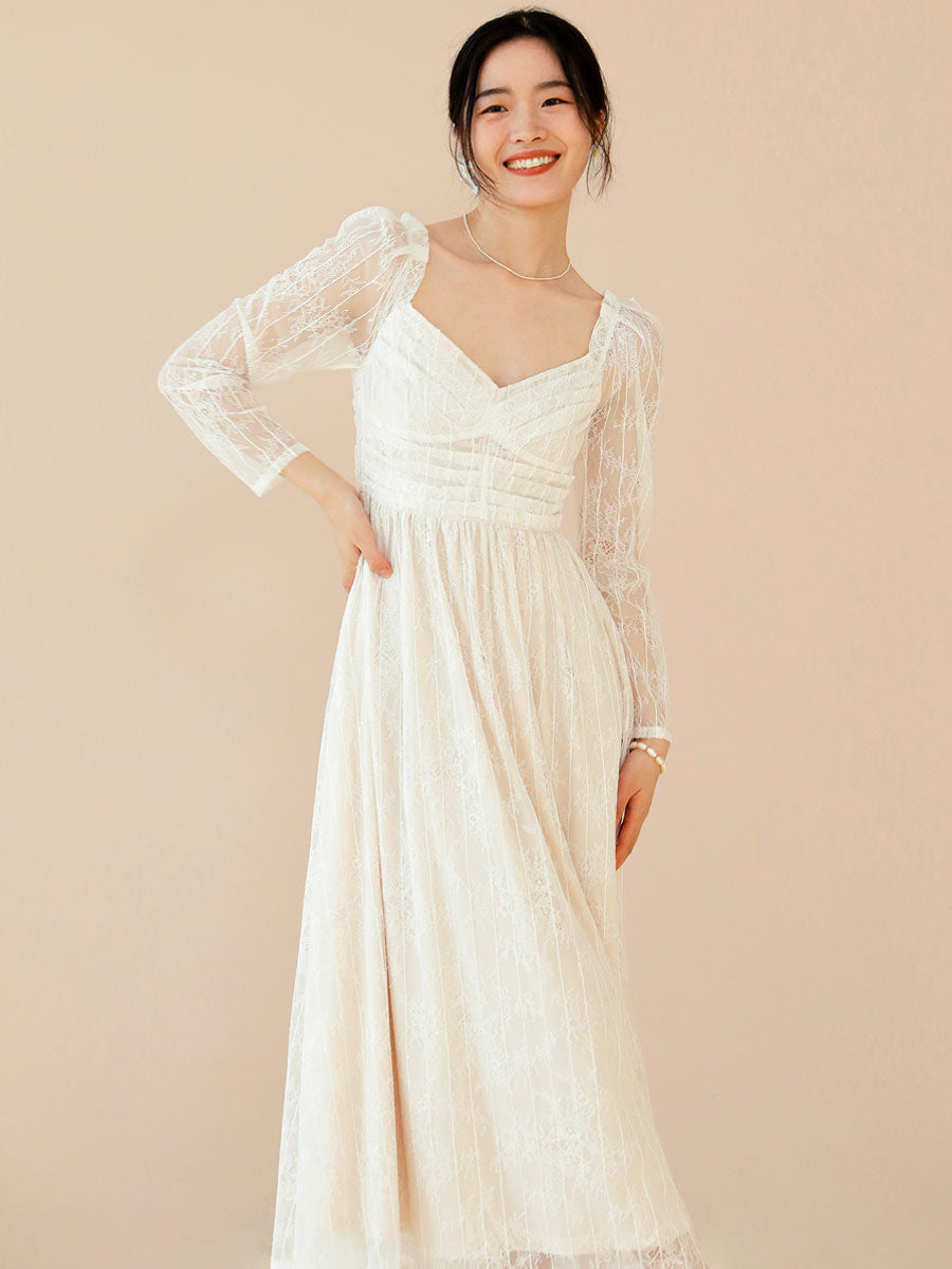 Lace Prom Dress Long Sleeves White Bridal Wedding Midi Dress