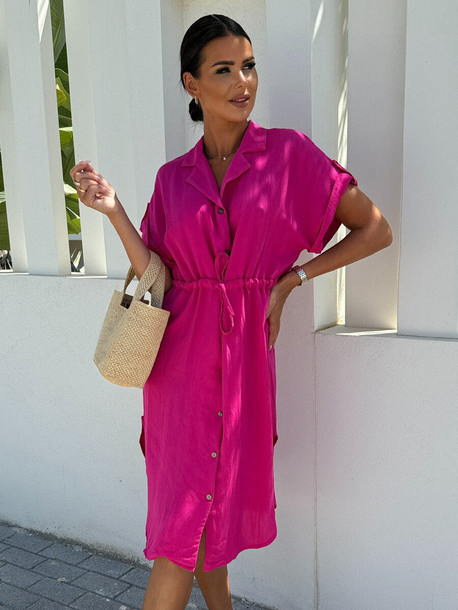 Shirt Dresses Black Turndown Collar Lace Up Short Sleeves Polyester Dresses Midi Dress