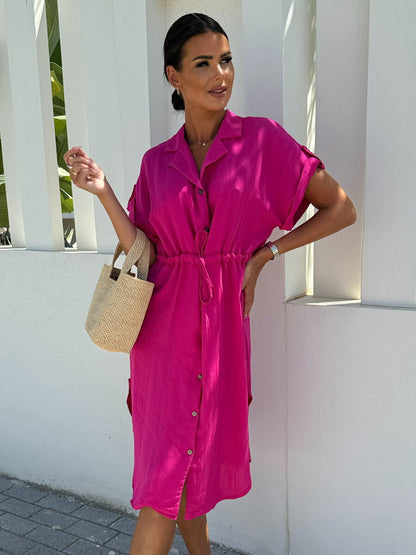 Shirt Dresses Black Turndown Collar Lace Up Short Sleeves Polyester Dresses Midi Dress