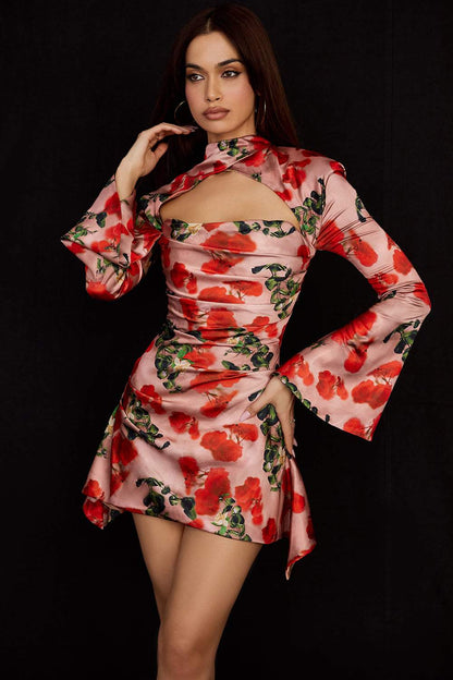 Floral Flared Sleeve Cut Out Mini Dress