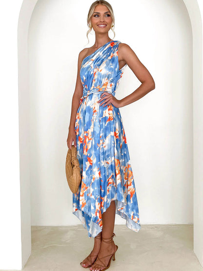 Summer Midi Dress Light Sky Blue Asymmetrical Neck Pleated Printed Spandex Beach Dress