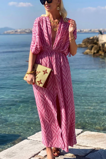 Abstract Flame Print Kimono Sleeve Drawstring Waist Front Slit Maxi Dress