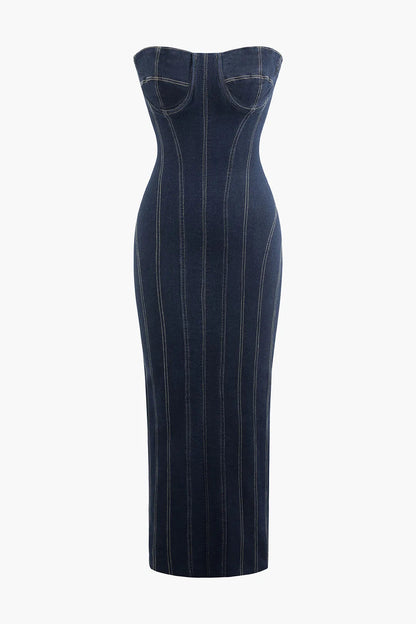 Basia Blue Slit Denim Zipper Strapless Maxi Dress